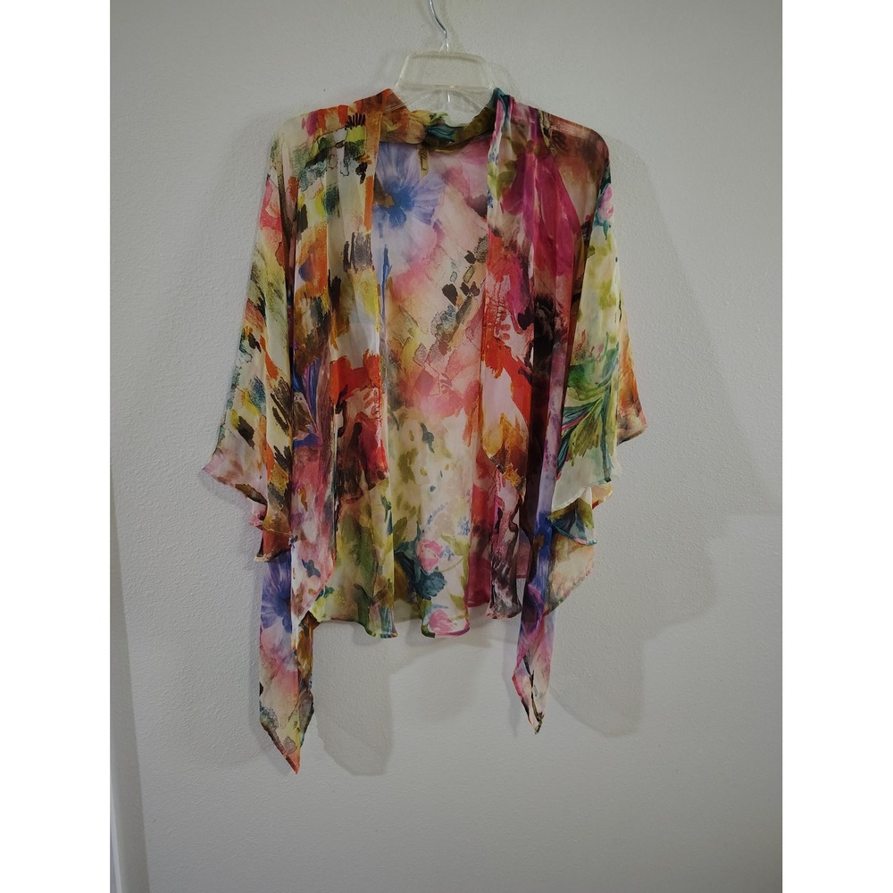 Chenault Womens Large Multi Color Abstract Floral Chiffon Kimono Cardigan Wrap
